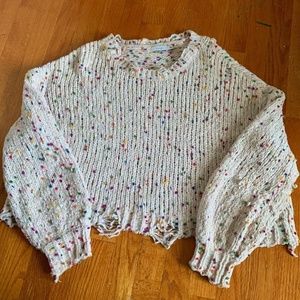 Distressed Crop Top Crew Neck Sweater